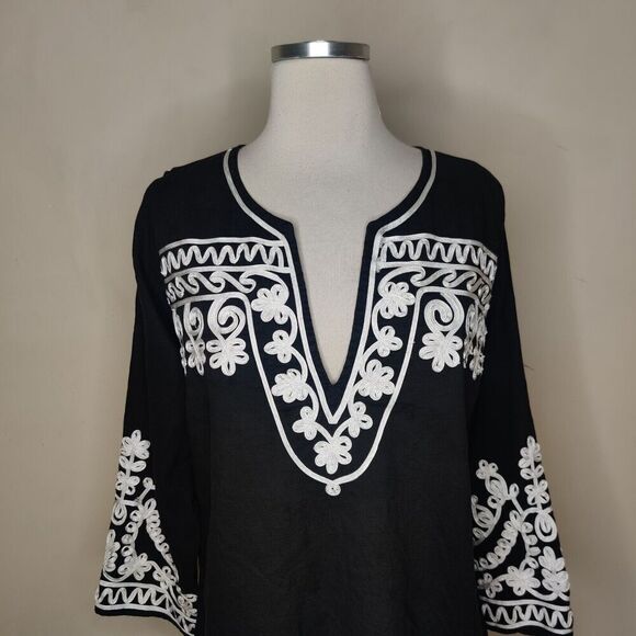 Barbara Gerwit Embroidered Tunic Top Black Cotton Side Slits - Picture 2 of 10